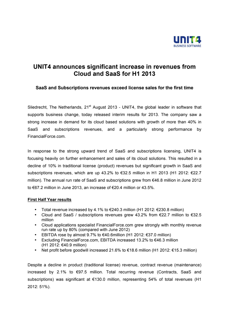 Stark tillväxt inom SaaS- och molntjänster för UNIT4 under första halvåret 2013