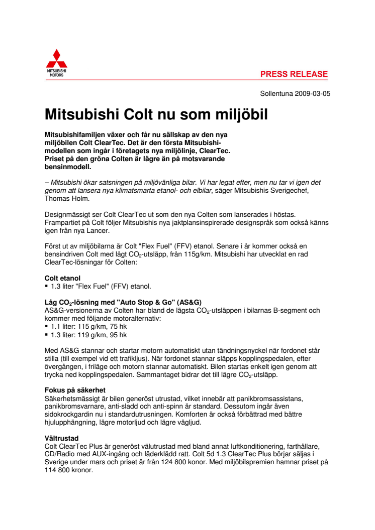 Mitsubishi Colt nu som miljöbil