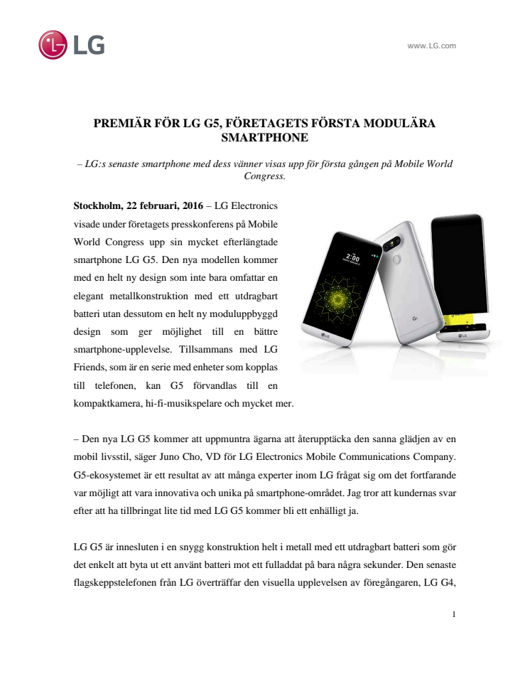 PREMIÄR FÖR LG G5, FÖRETAGETS FÖRSTA MODULÄRA SMARTPHONE