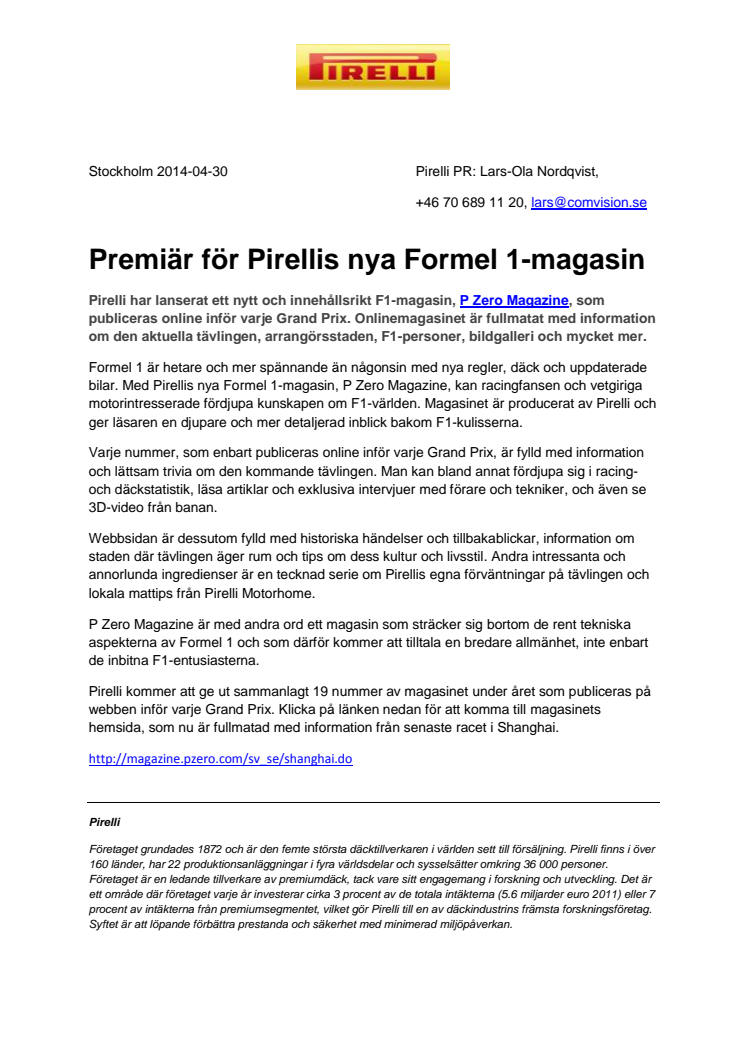 Premiär för Pirellis nya Formel 1-magasin