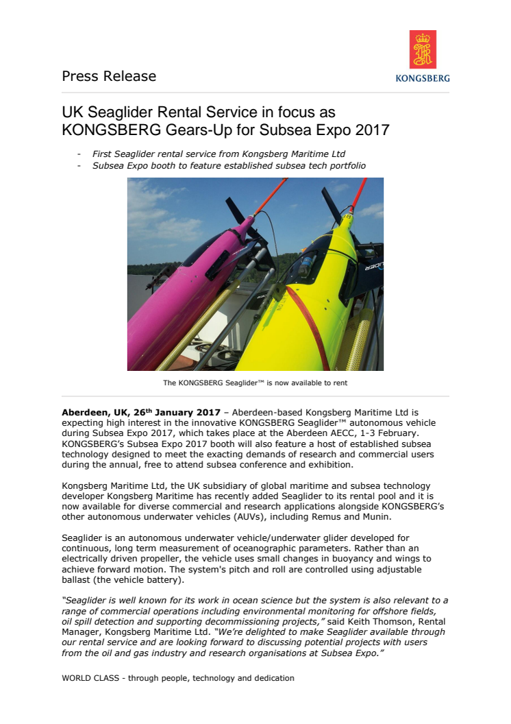 Kongsberg Maritime: UK Seaglider Rental Service in focus as KONGSBERG Gears-Up for Subsea Expo 2017
