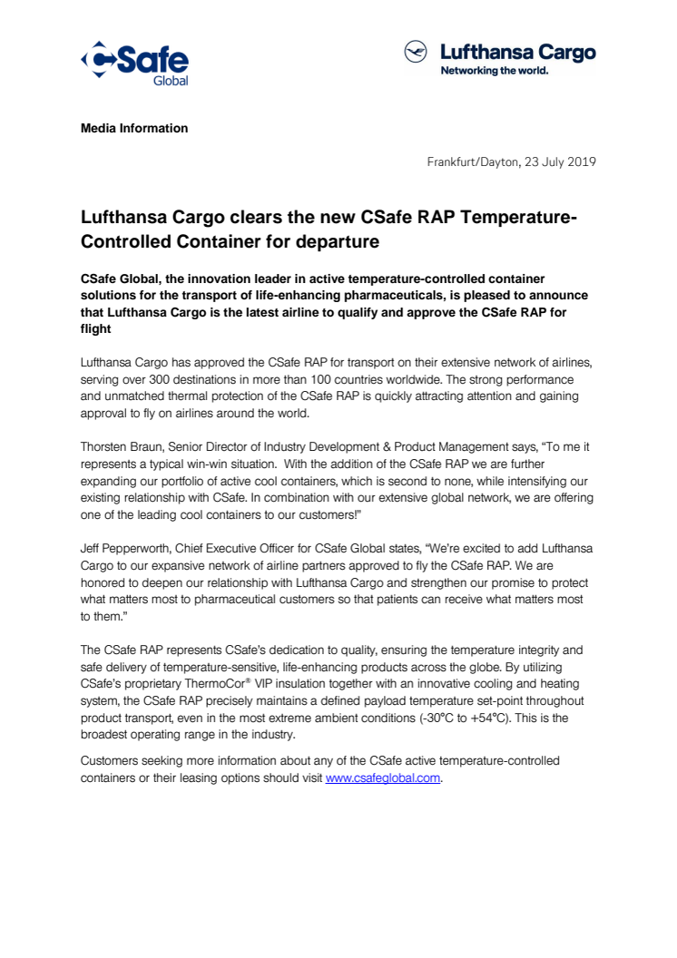 Lufthansa Cargo clears the new CSafe RAP Temperature-Controlled Container for departure