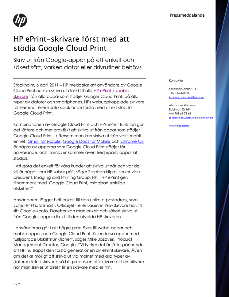 HP ePrint-skrivare först med att stödja Google Cloud Print 