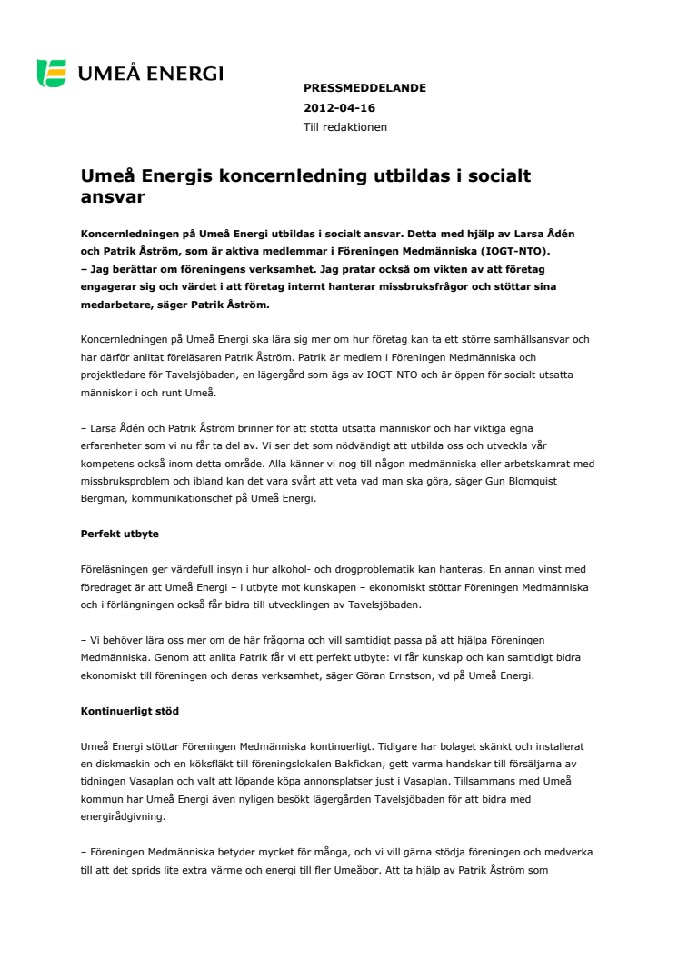 Umeå Energis koncernledning utbildas i socialt ansvar