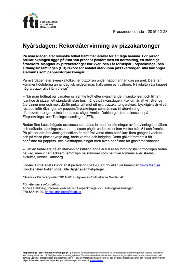 Nyårsdagen: Rekordåtervinning av pizzakartonger