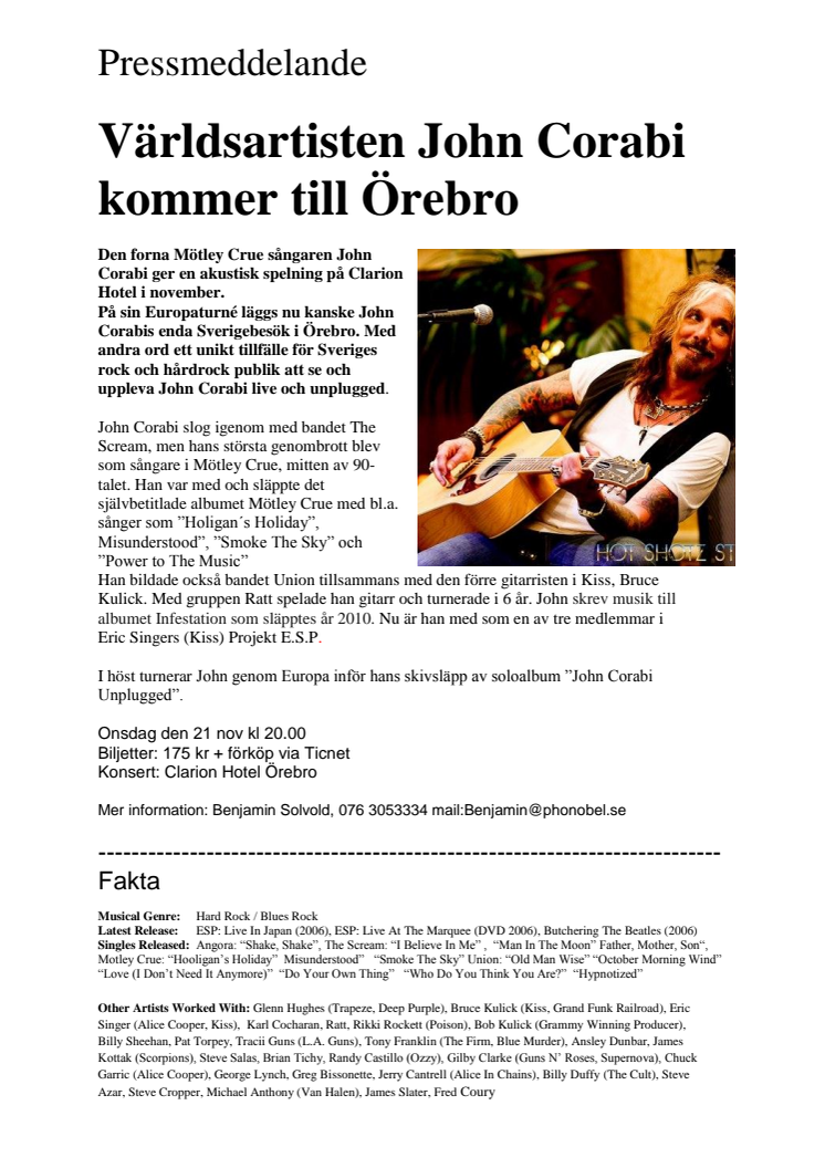 Världsartisten John Corabi kommer till Örebro