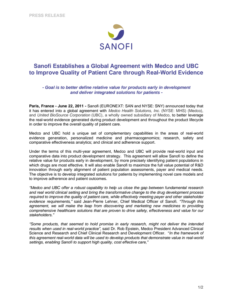 Sanofi Establishes a Global Agreement with Medco and UBC to Improve Quality of Patient Care through Real-World Evidence