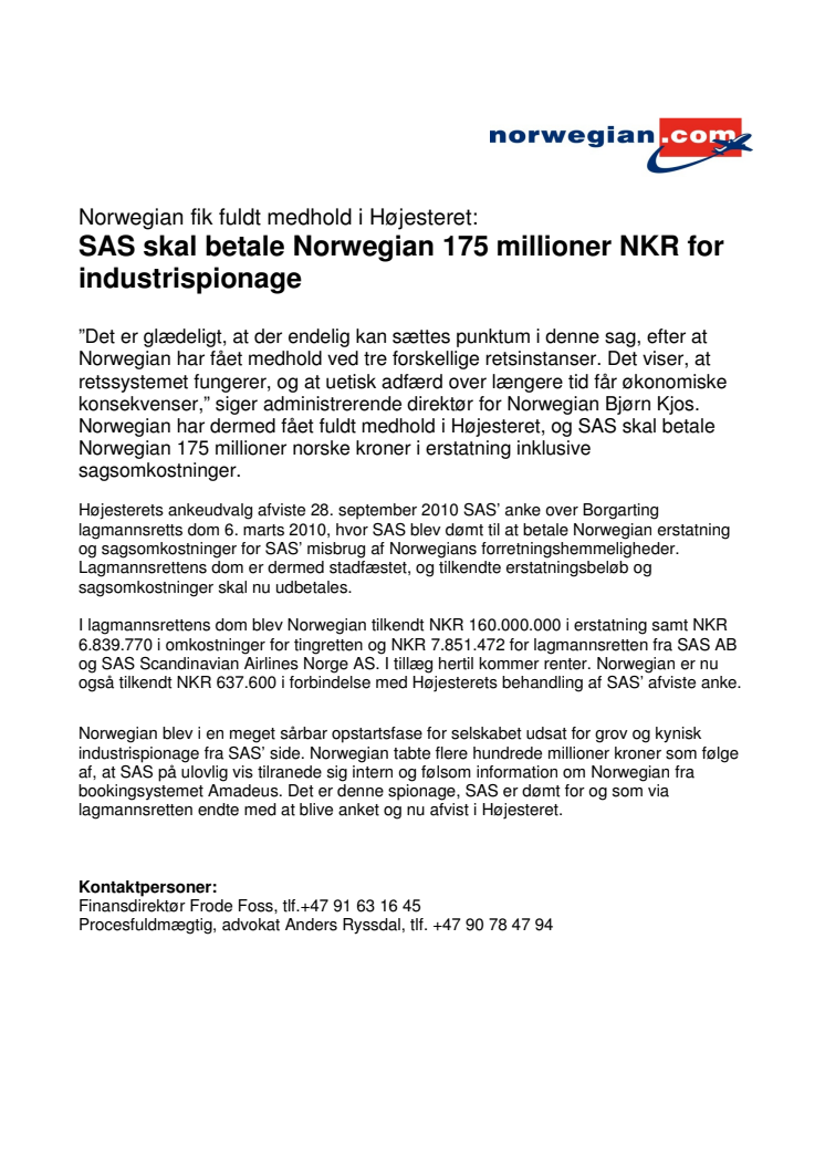 SAS skal betale Norwegian 175 millioner NKR for industrispionage
