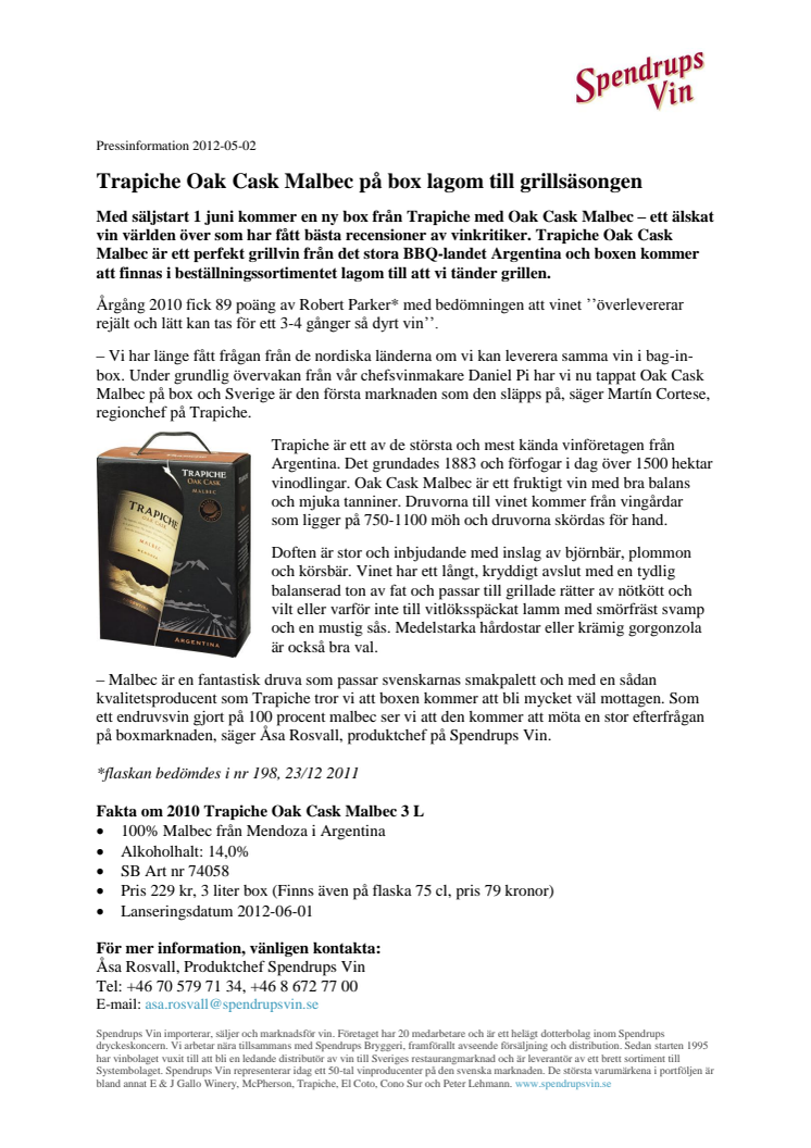 Trapiche Oak Cask Malbec på box lagom till grillsäsongen