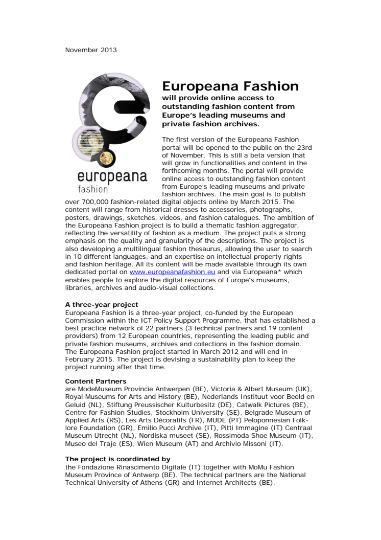 Europeana Fashion portal to be opened 2013-11-23
