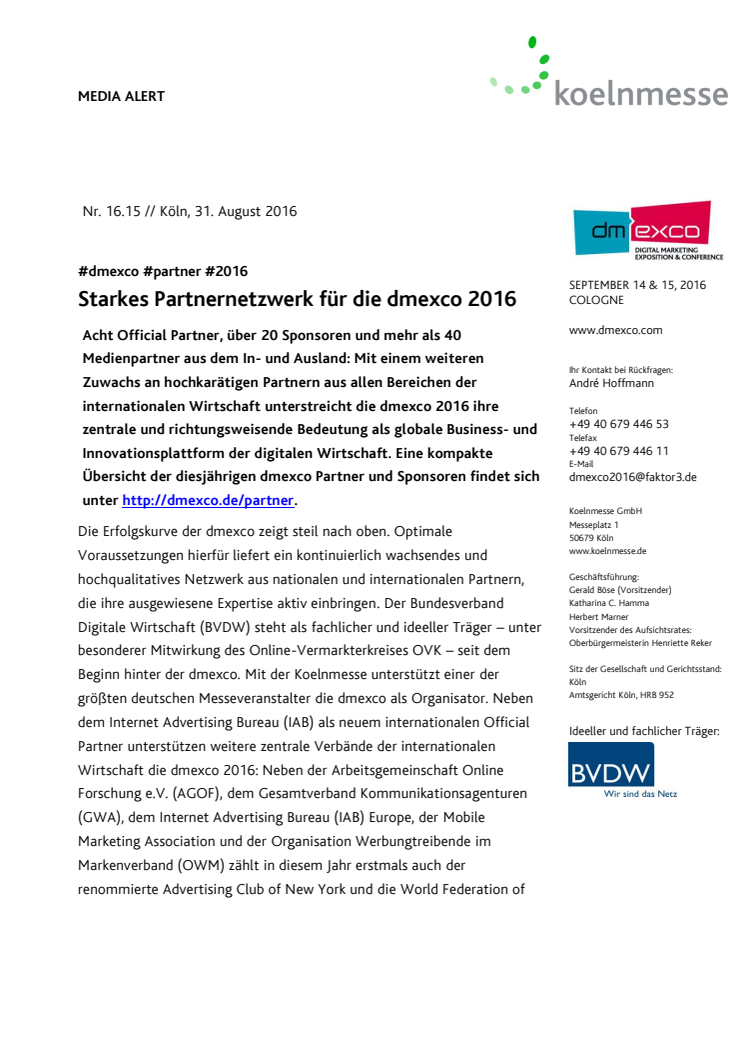 Starkes Partnernetzwerk für die dmexco 2016