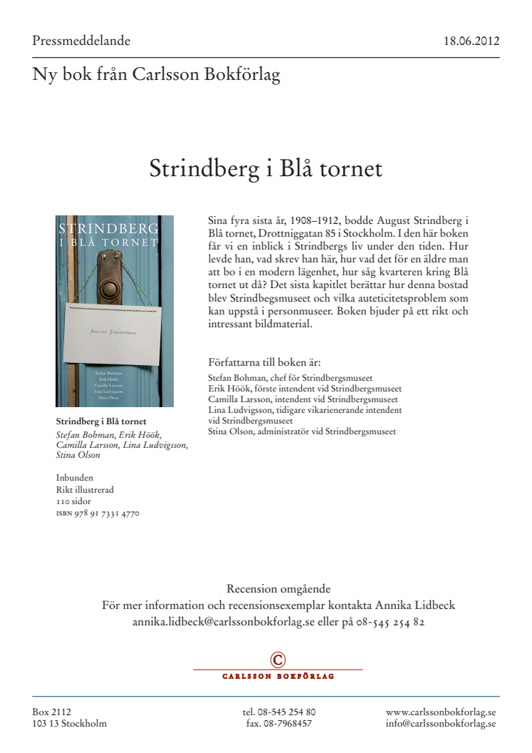 Ny bok: Strindberg i Blå tornet