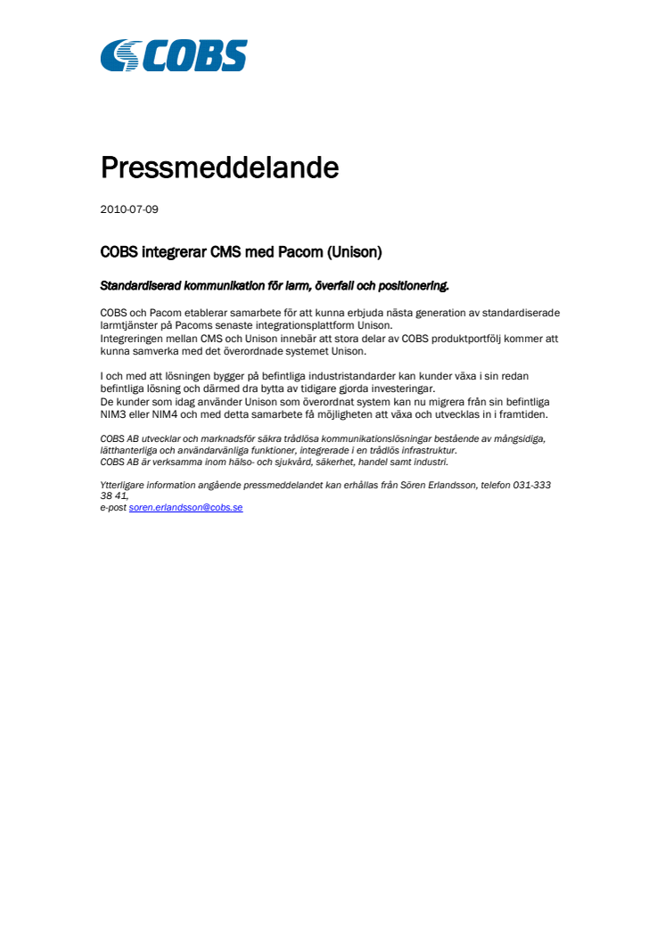 COBS integrerar CMS med Pacom (Unison)