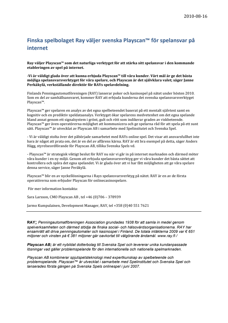 Finska spelbolaget Ray väljer svenska Playscan™ för spelansvar på internet