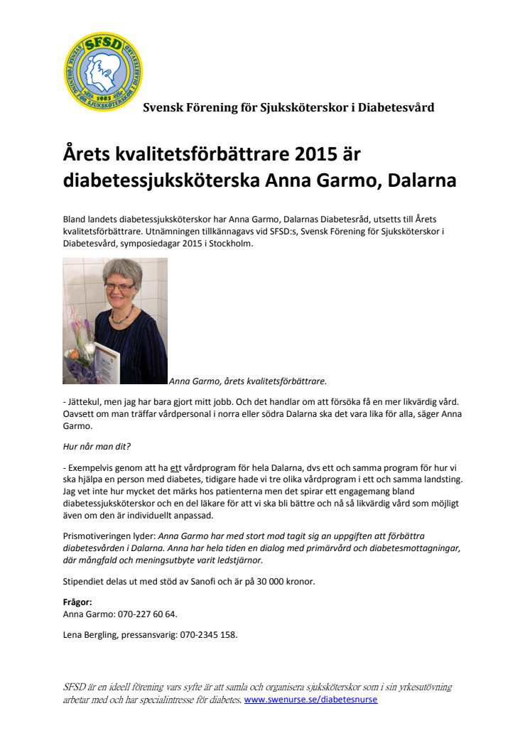 Årets kvalitetsförbättrare 2015 är diabetessjuksköterska Anna Garmo, Dalarna