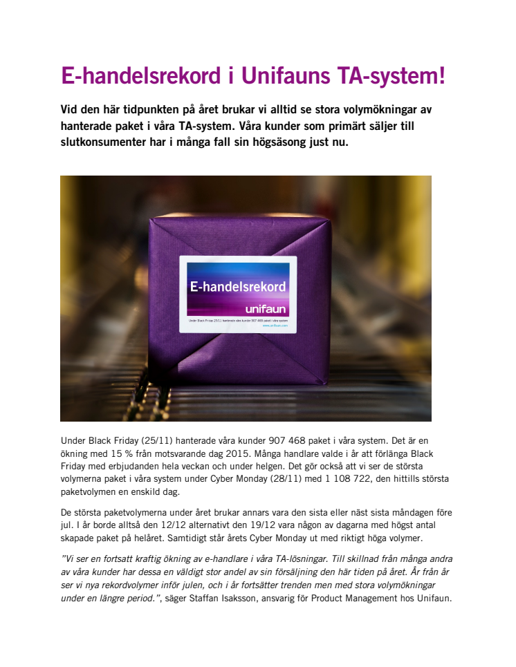 E-handelsrekord i Unifauns TA-system!
