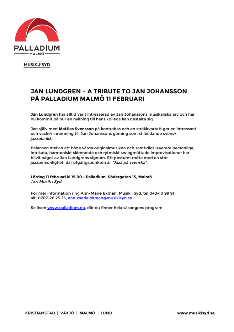 Jan Lundgren – A Tribute to Jan Johansson på Palladium Malmö 11 februari 