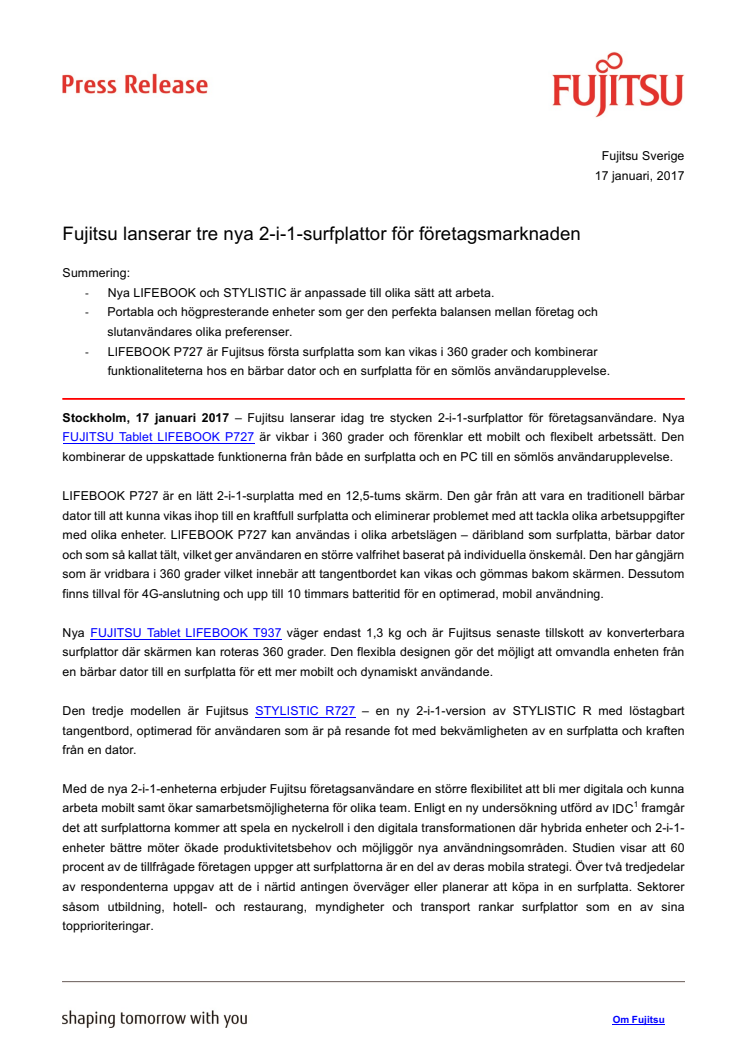 Fujitsu lanserar tre nya 2-i-1-surfplattor för företagsmarknaden