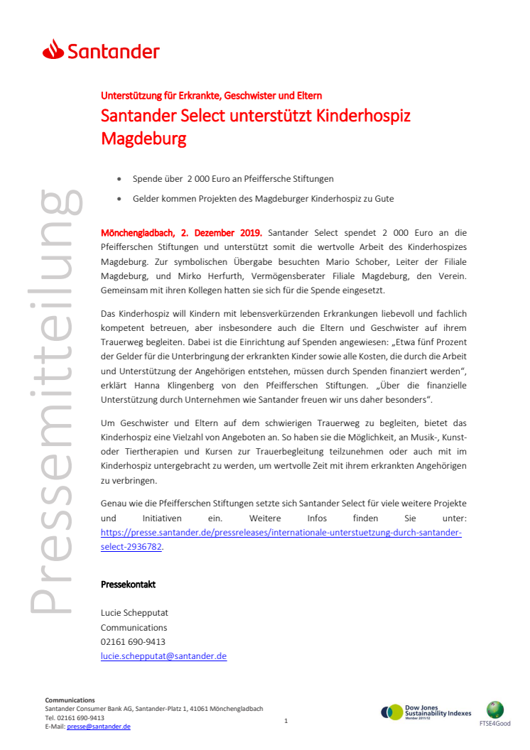 Unterstützung für Erkrankte, Geschwister und Eltern: Santander Select unterstützt Kinderhospiz Magdeburg