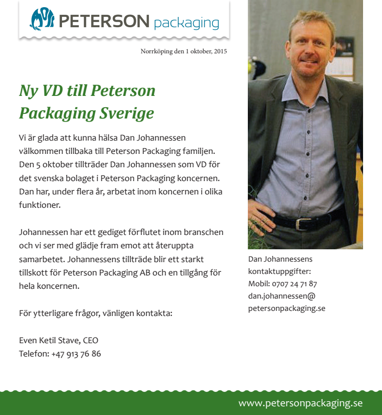 Ny VD till Peterson Packaging Sverige