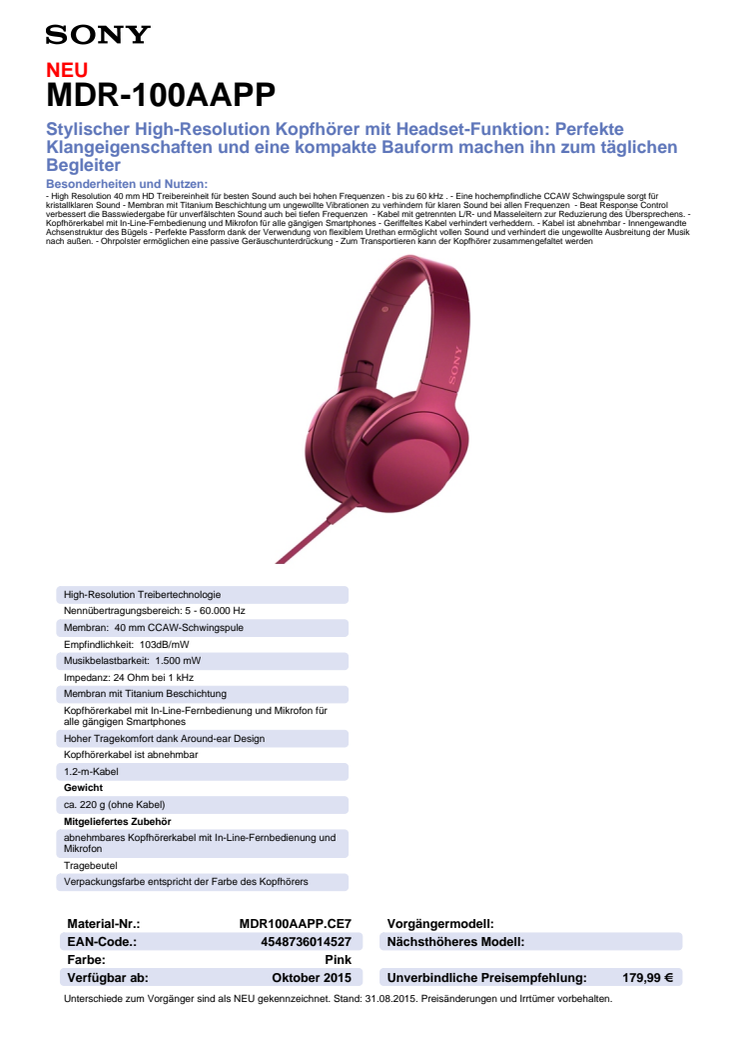 Datenblatt h.ear on von Sony_pink