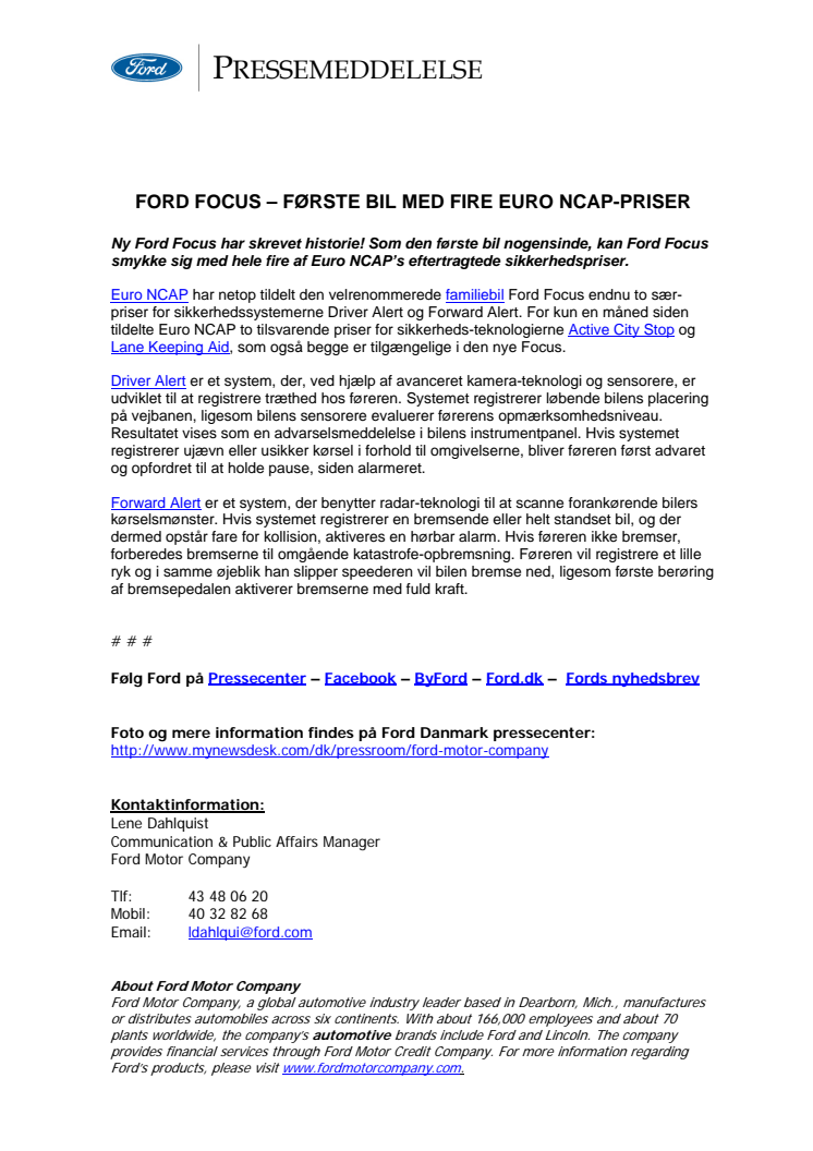 FORD FOCUS – FØRSTE BIL NOGENSINDE MED FIRE EURO NCAP-PRISER