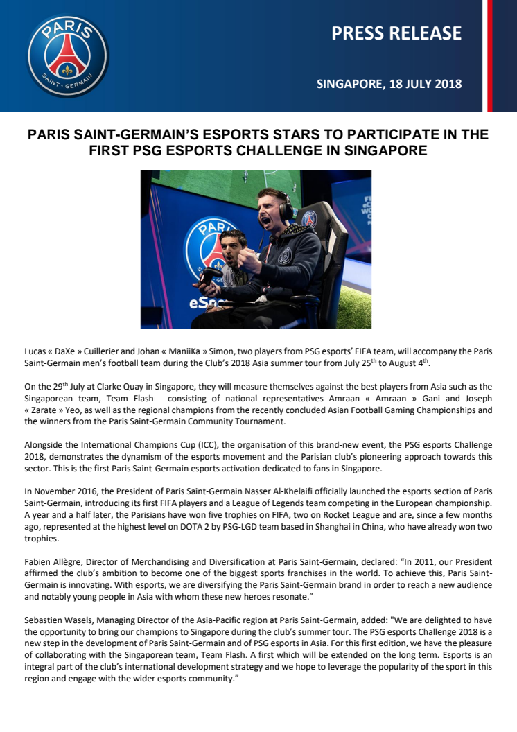 PARIS SAINT-GERMAIN’S ESPORTS STARS TO PARTICIPATE IN THE FIRST PSG ESPORTS CHALLENGE IN SINGAPORE