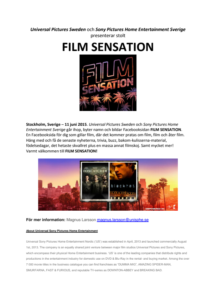 Universal Pictures Sweden och Sony Pictures Home Entertainment Sverige presenterar stolt