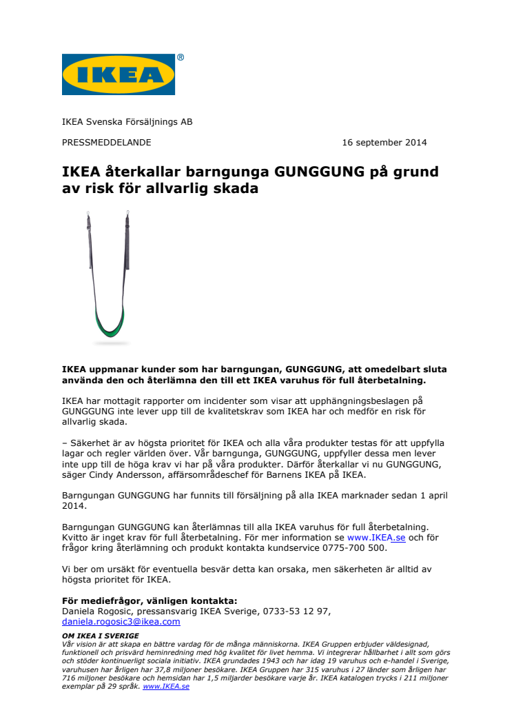 IKEA återkallar barngunga GUNGGUNG på grund av risk för allvarlig skada