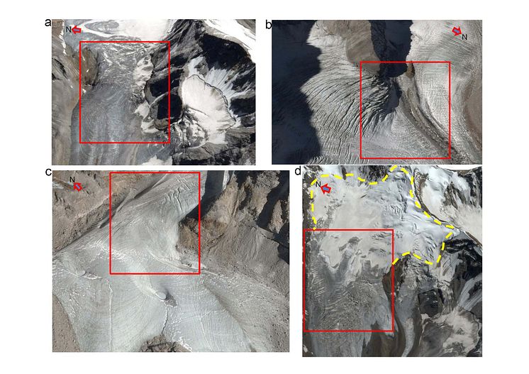 Fyra av de glaciärer som rör sig snabbast (röda rektanglarna) bland de 112 glaciärer som studerats i ett av västra Himalayas avrinningsområden. Foto:CNES/Airbus.