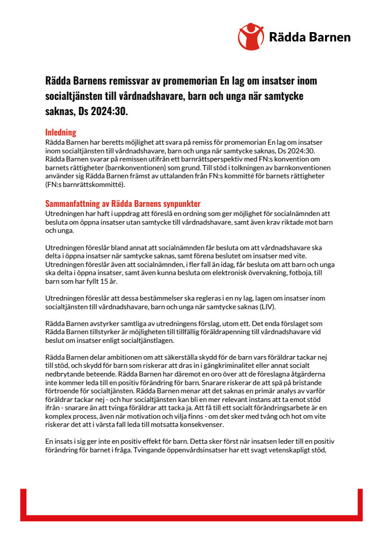 Rädda Barnens remissvar av promemorian En lag om insatser inom socialtjänsten till vårdnadshavare barn och unga när samtycke saknas Ds 202430.pdf