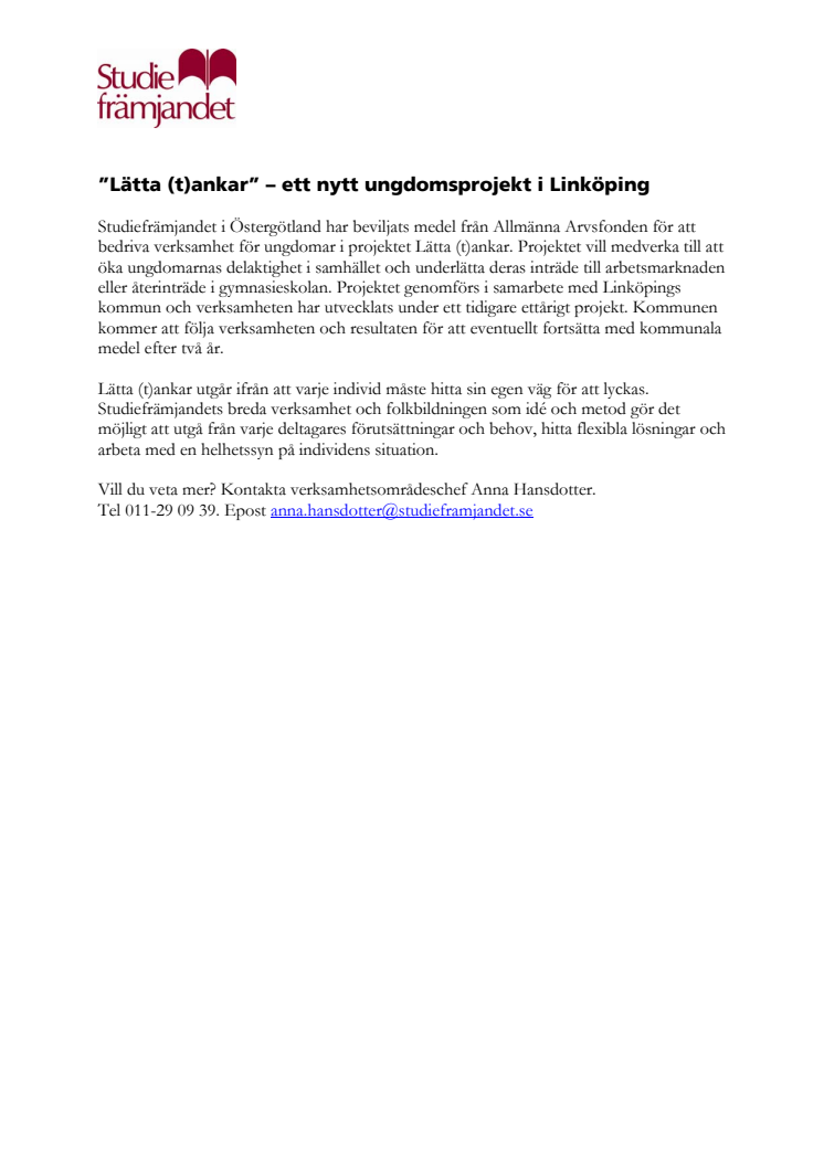 ”Lätta (t)ankar” – ett nytt ungdomsprojekt i Linköping