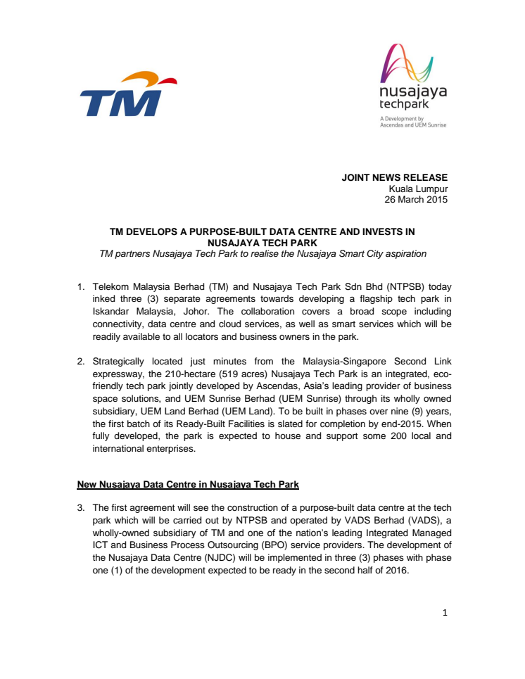 TM Develops a Purpose-Built Data Centre and Invests in Nusajaya Tech Park