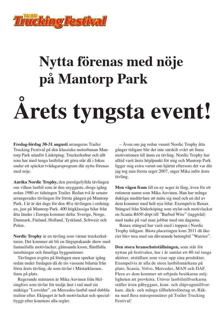 Trailer Trucking Festival, nytta förenas med nöje på Mantorp Park i årets tyngsta event!