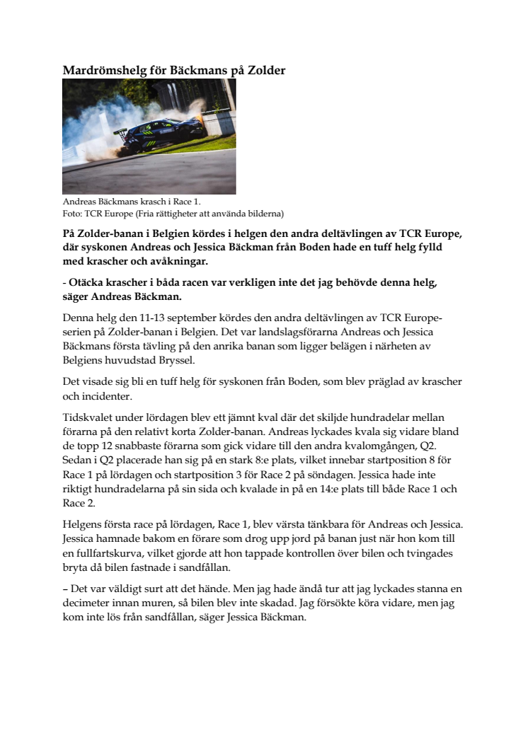 Mardrömshelg för Bäckmans på Zolder