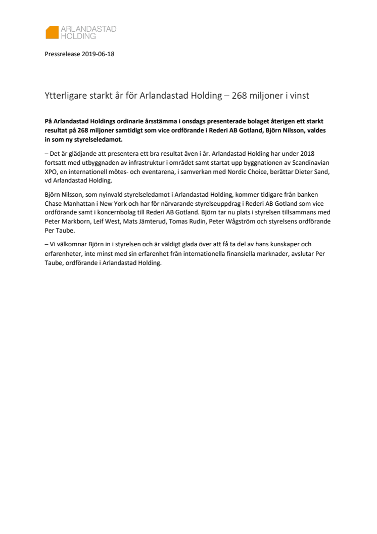 Ytterligare starkt år för Arlandastad Holding – 268 miljoner i resultat
