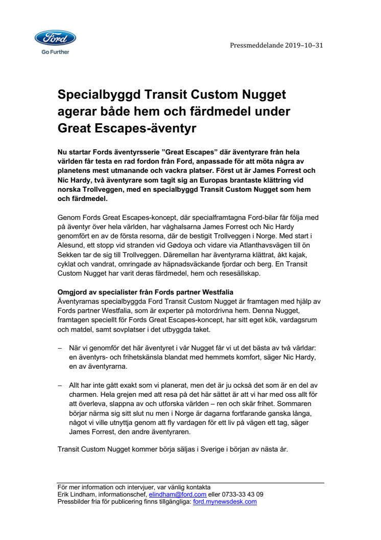 Specialbyggd Transit Custom Nugget agerar både hem och färdmedel under Great Escapes-äventyr