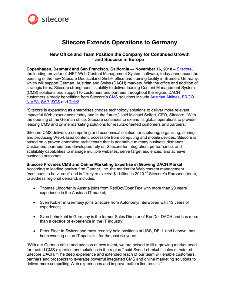 Sitecore Extends Operations to Germany 
