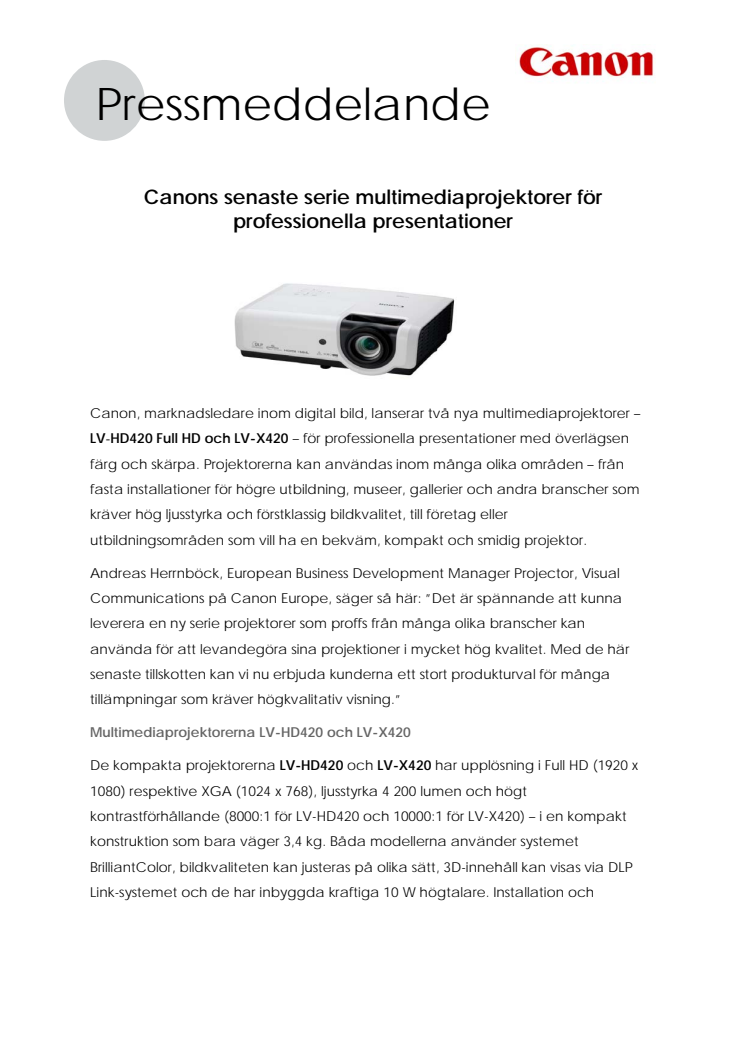 Canons senaste serie multimediaprojektorer för professionella presentationer