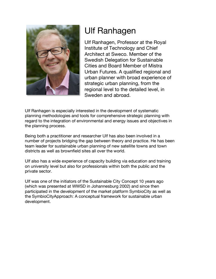Professor Ulf Ranhagen is one of the speakers at the Urban Agriculture Summit, January 2013