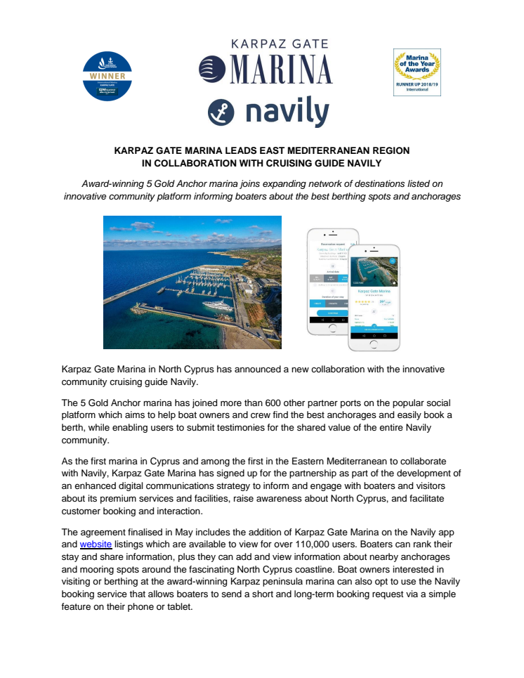 Karpaz Gate Marina Leads East Mediterranean Region in Collaboration with Cruising Guide Navily