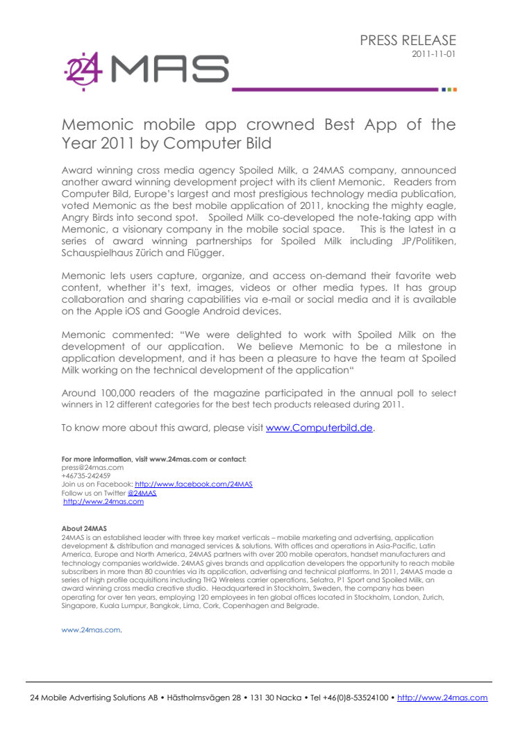 Memonic mobile app crowned Best App of the Year 2011 by Computer Bild
