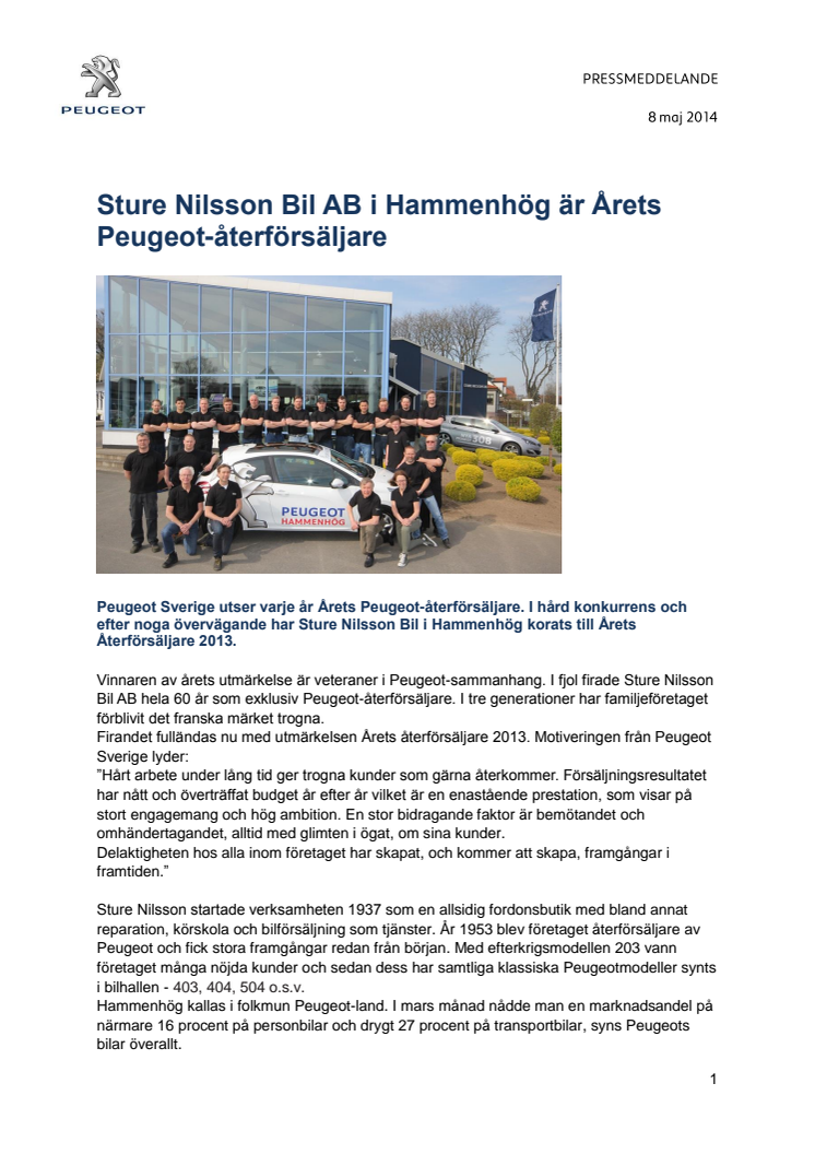 Sture Nilssons Bil AB i Hammenhög Årets Peugeot-återförsäljare