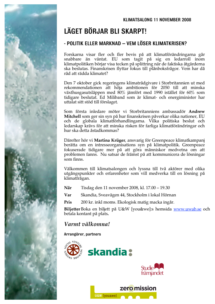 Inbjudan till Klimatsalong 11 november 2008 om klimat & politik