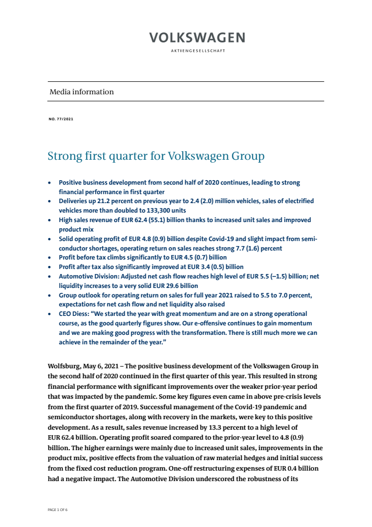 PM Strong first quarter for Volkswagen Group