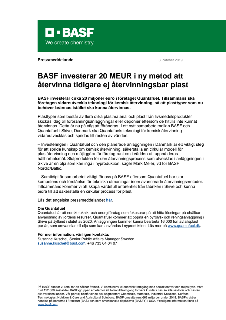 BASF investerar 20 MEUR i ny metod att återvinna tidigare ej återvinningsbar plast