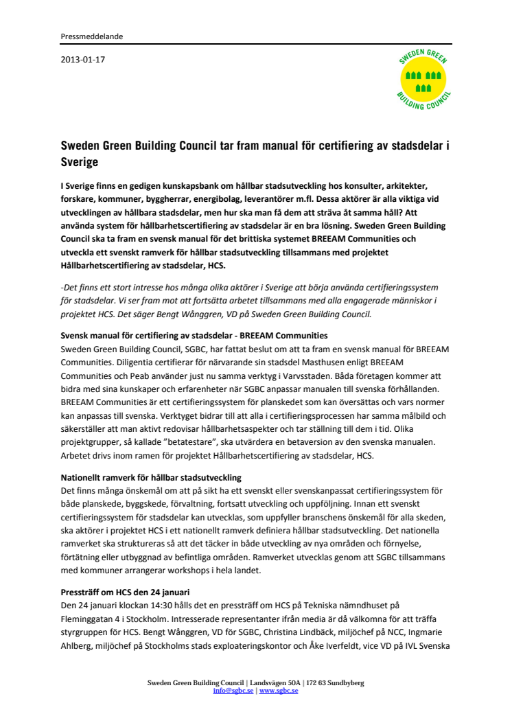 Sweden Green Building Council tar fram manual för certifiering av stadsdelar i Sverige 