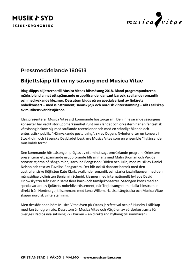 Biljettsläpp till en ny säsong med Musica Vitae