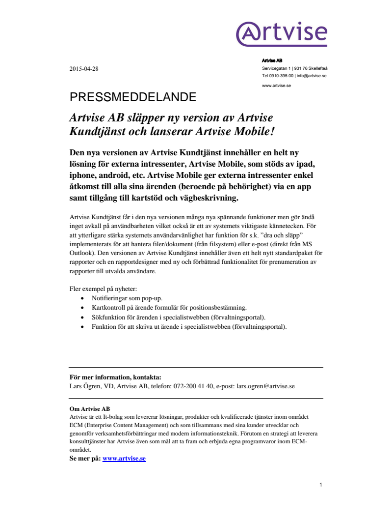 Artvise AB släpper ny version av Artvise Kundtjänst och lanserar Artvise Mobile!