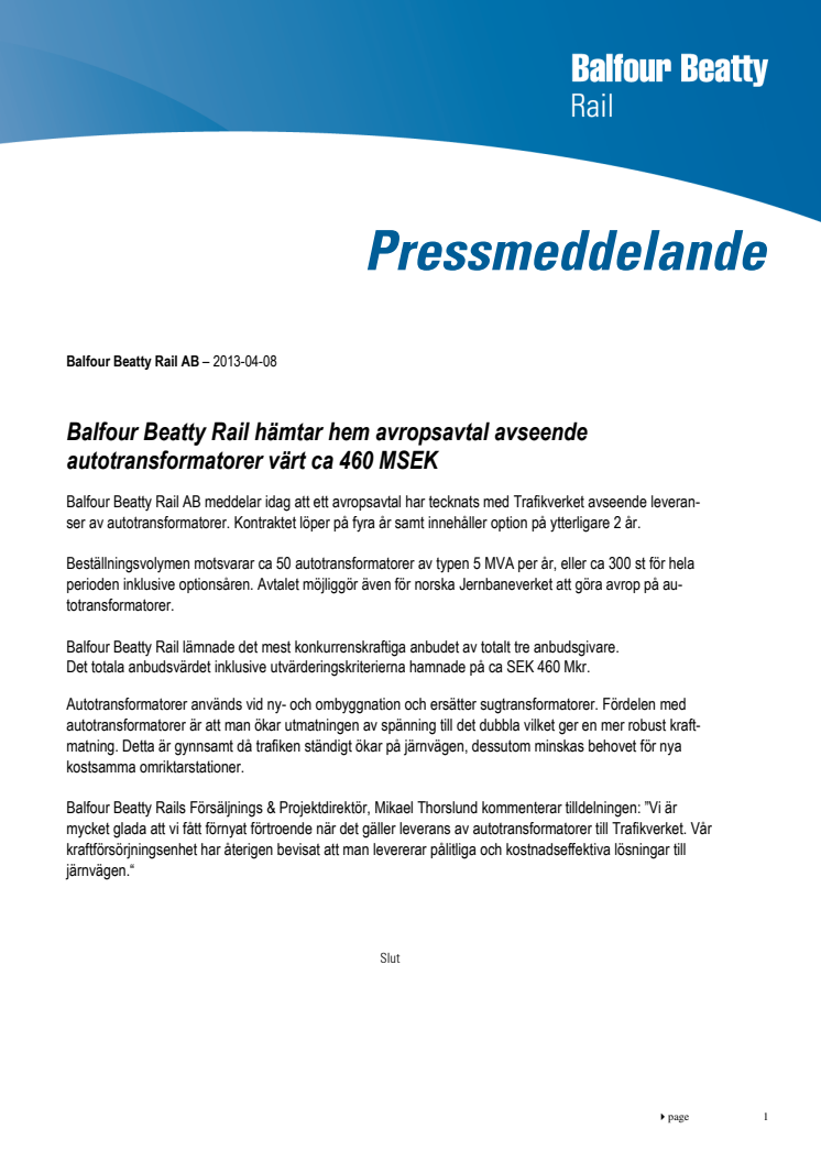 Balfour Beatty Rail hämtar hem avropsavtal avseende autotransformatorer värt ca 460 MSEK 